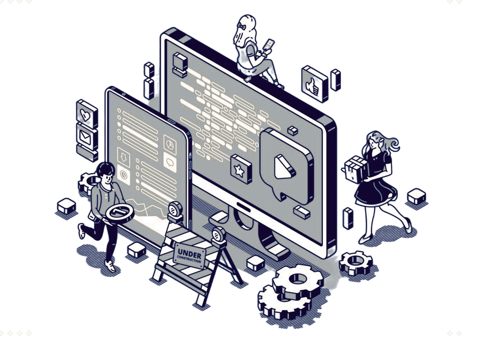 Isometric illustration showing desktop screens and UI wireframes for NGO web design and development.