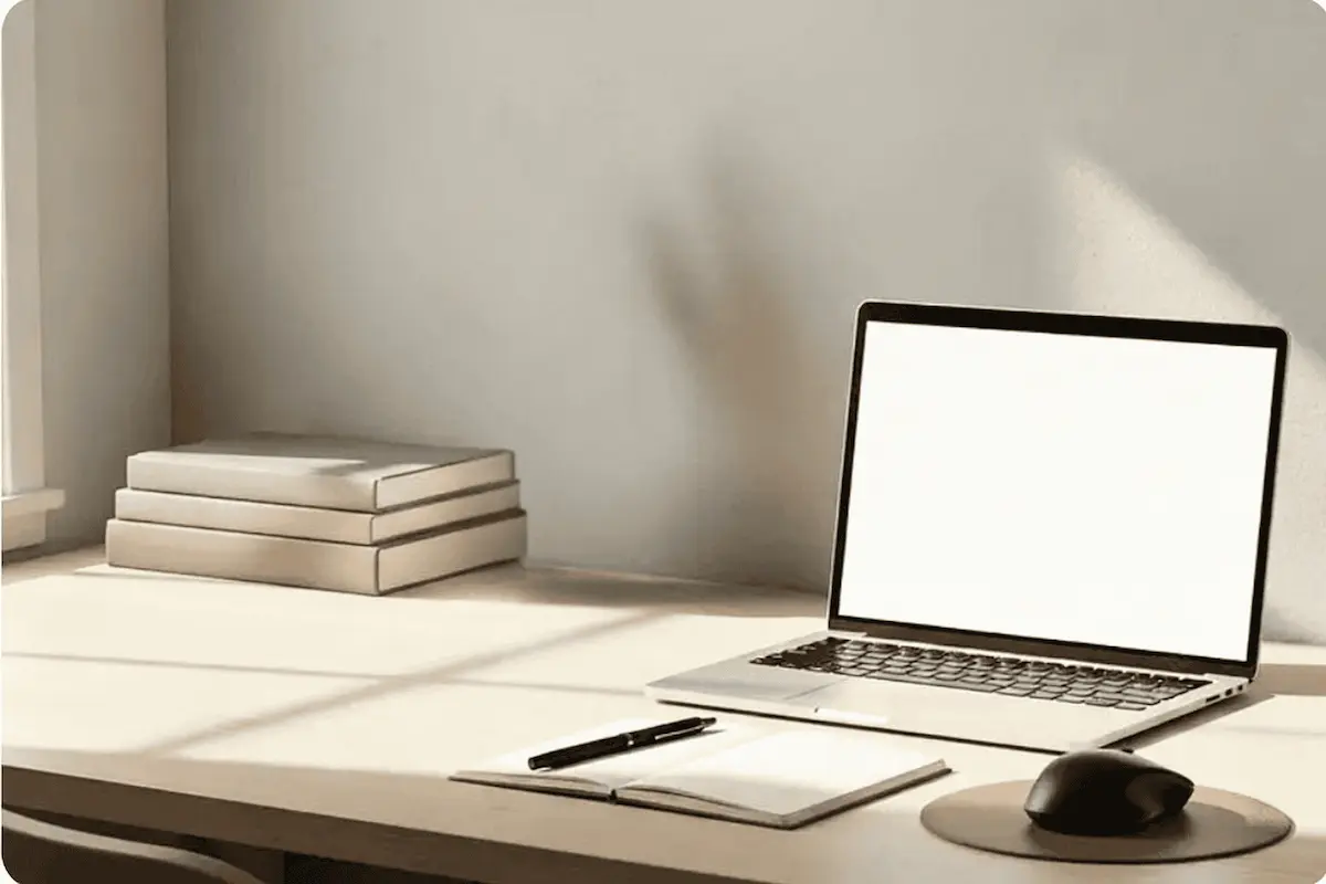 Minimalist desk setup featuring an open laptop, notebook, and pen representing professional web design services for non-profits.