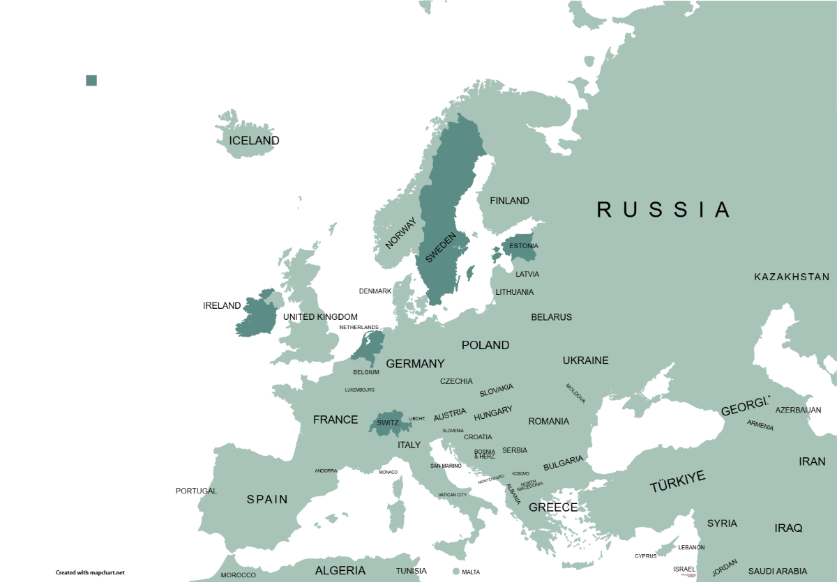 Map of Europe highlighting target service regions for NGO web design and maintenance, including Switzerland, Estonia, Sweden, Ireland, and The Netherland