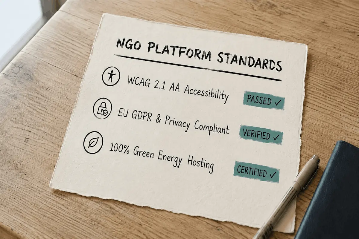 Handwritten note on a wooden desk displaying NGO web design standards, with checkmarks for WCAG accessibility, EU GDPR compliance, and green energy hosting.