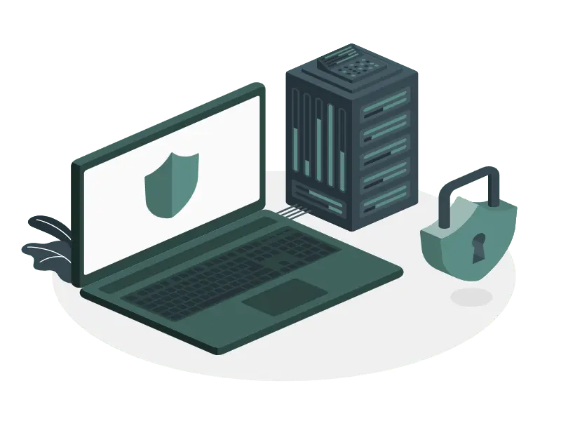 Isometric vector illustration of a laptop showing a security shield next to a server tower and padlock for WordPress website maintenance.