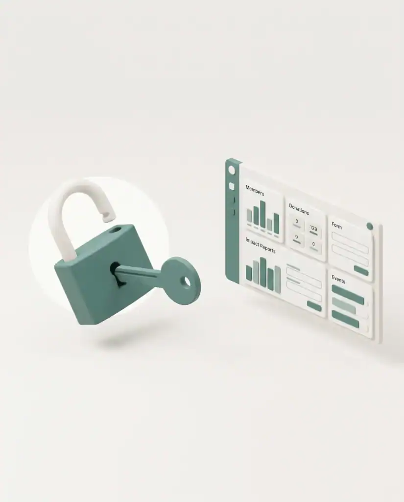 3D isometric illustration of an accessible Estonian NGO (MTÜ) community website homepage mockup, with a padlock and data icons on a clean white background.