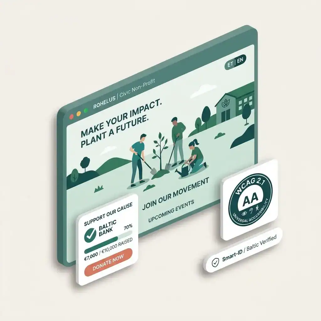 3D isometric mockup of an accessible Estonian NGO community website interface displaying WCAG AA badge, donation form, and bilingual controls